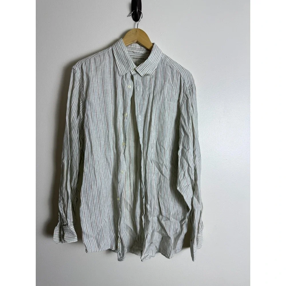 Banana Republic Beige Multi Stripe Button Up Mens XL Linen Casual Long Sleeve